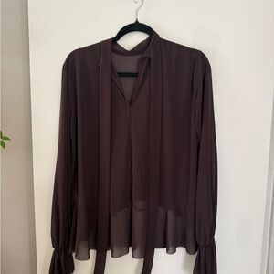 Womens Dark Brown Tie-Neck Blouse